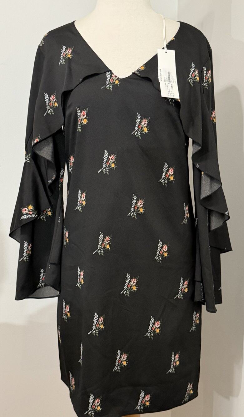 NEW Kobi Halperin Damask Floral Black Ruffle Sleeve Shift Dress V Neck Size XS